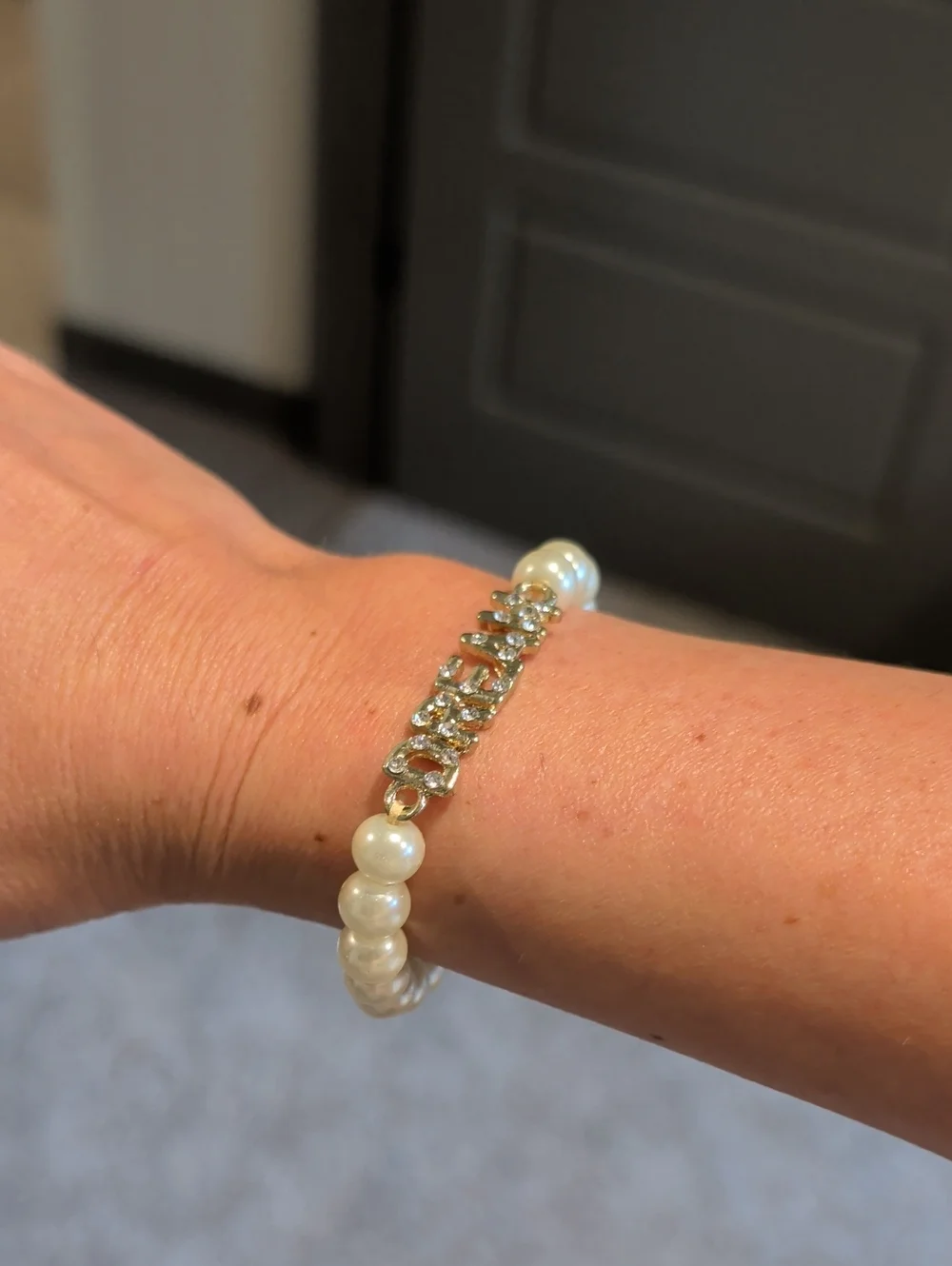 Personalized Pearl Stretch Bracelet with Gold Letter Accents - White